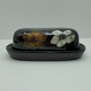 Pfaltzgraff Painted Poppies Covered Butter Dish Brown Floral Butter Keeper